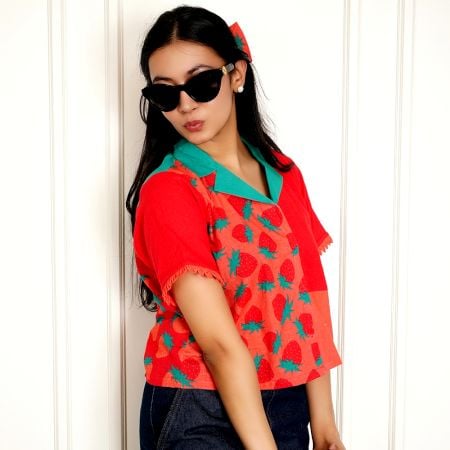 Handcrafted Strawberry Print Cotton Cropped Shirt with Collar